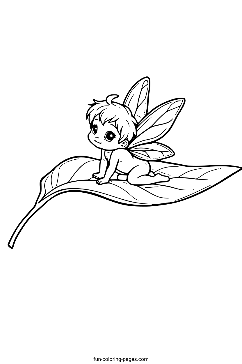 Smiling Fairy on a Leaf – free printable coloring page, available as PDF and SVG