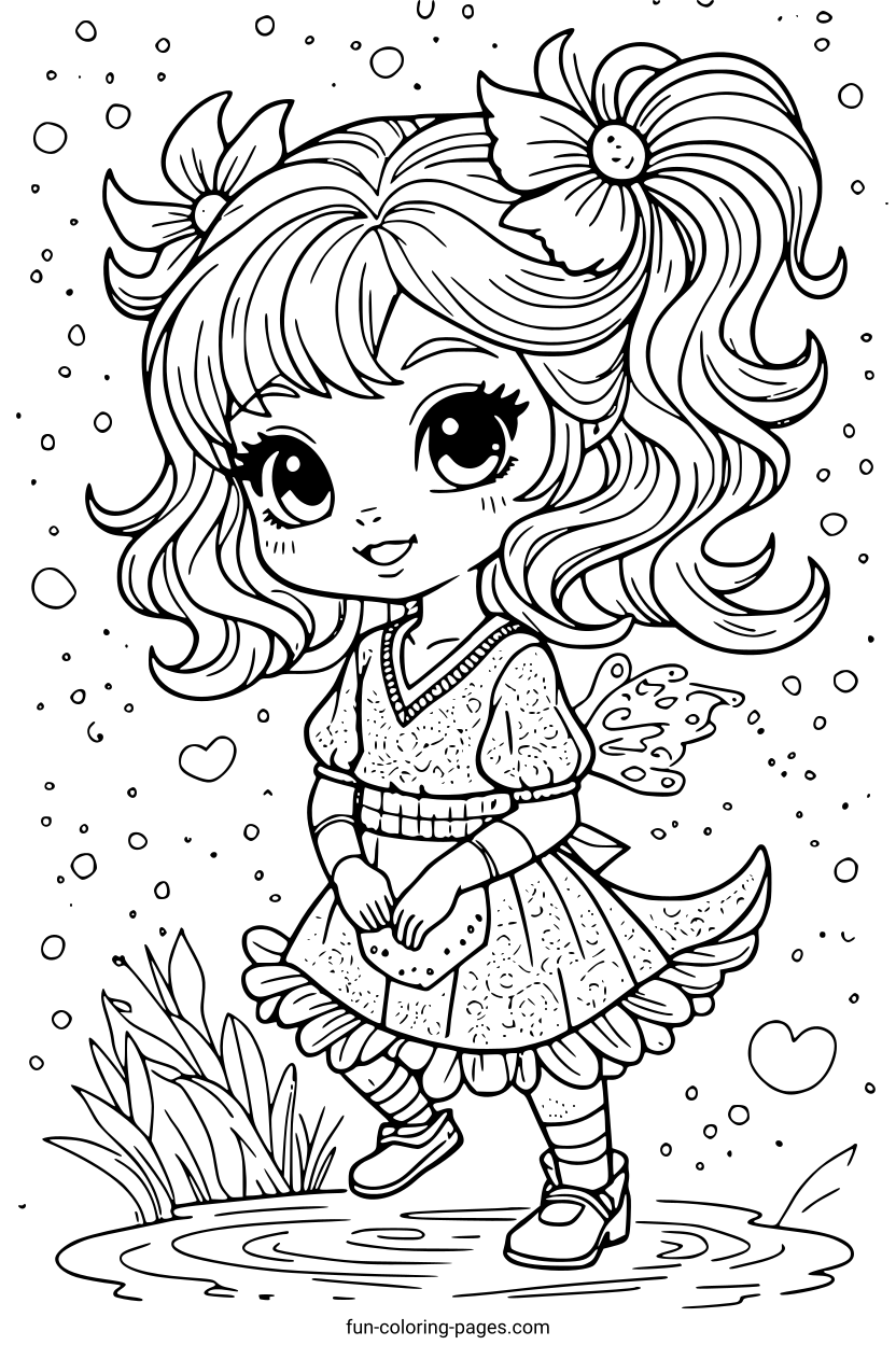 Smiling Fairy Princess in Rain – free printable coloring page, available as PDF and SVG