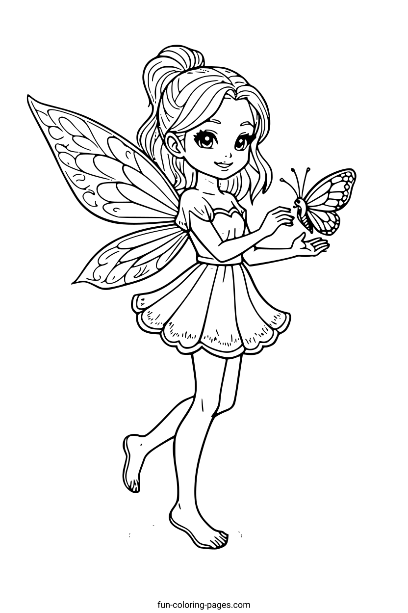 Smiling Fairy with Butterfly – free printable coloring page, available as PDF and SVG