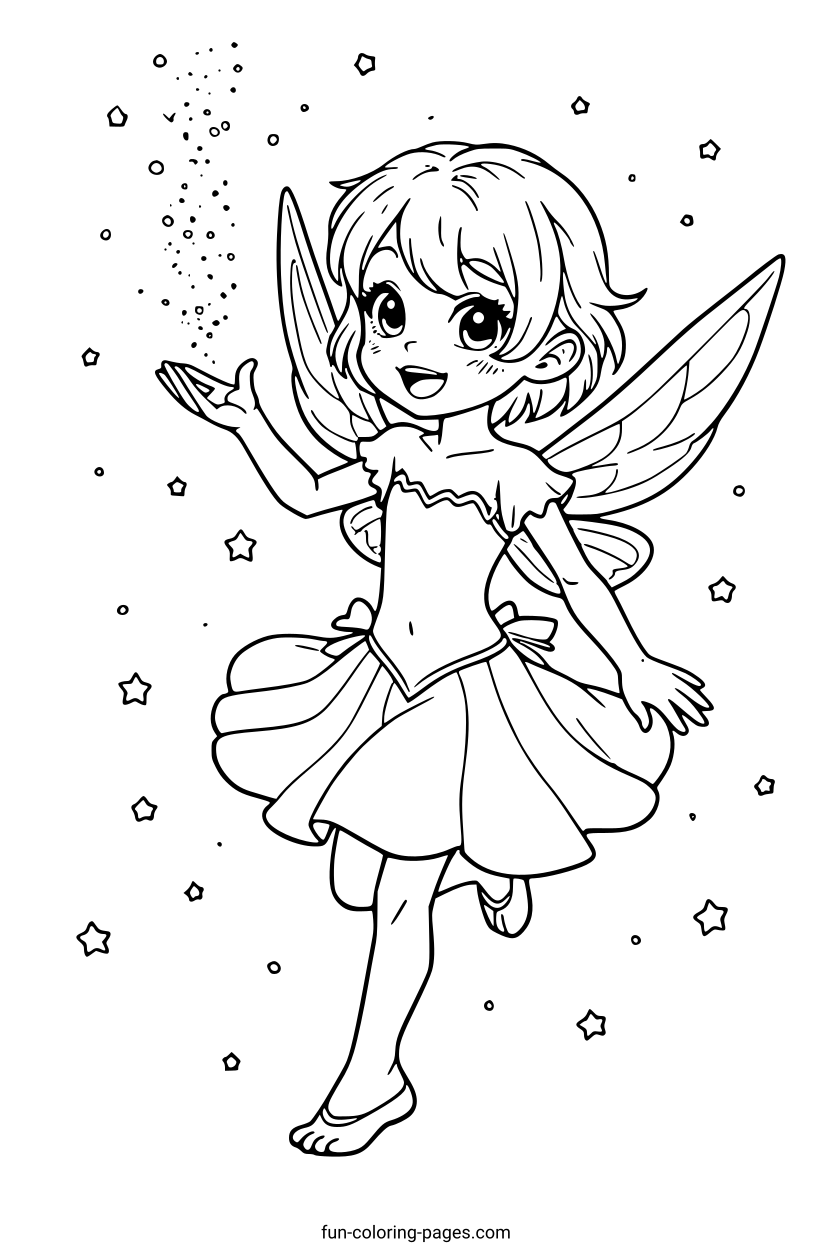 Smiling Fairy with Sparkles – free printable coloring page, available as PDF and SVG