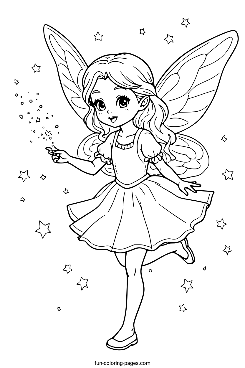 Smiling Fairy with Sparkling Stars – free printable coloring page, available as PDF and SVG