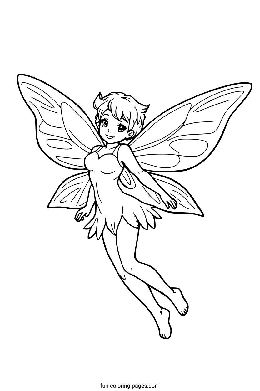Smiling Fairy with Wings – free printable coloring page, available as PDF and SVG