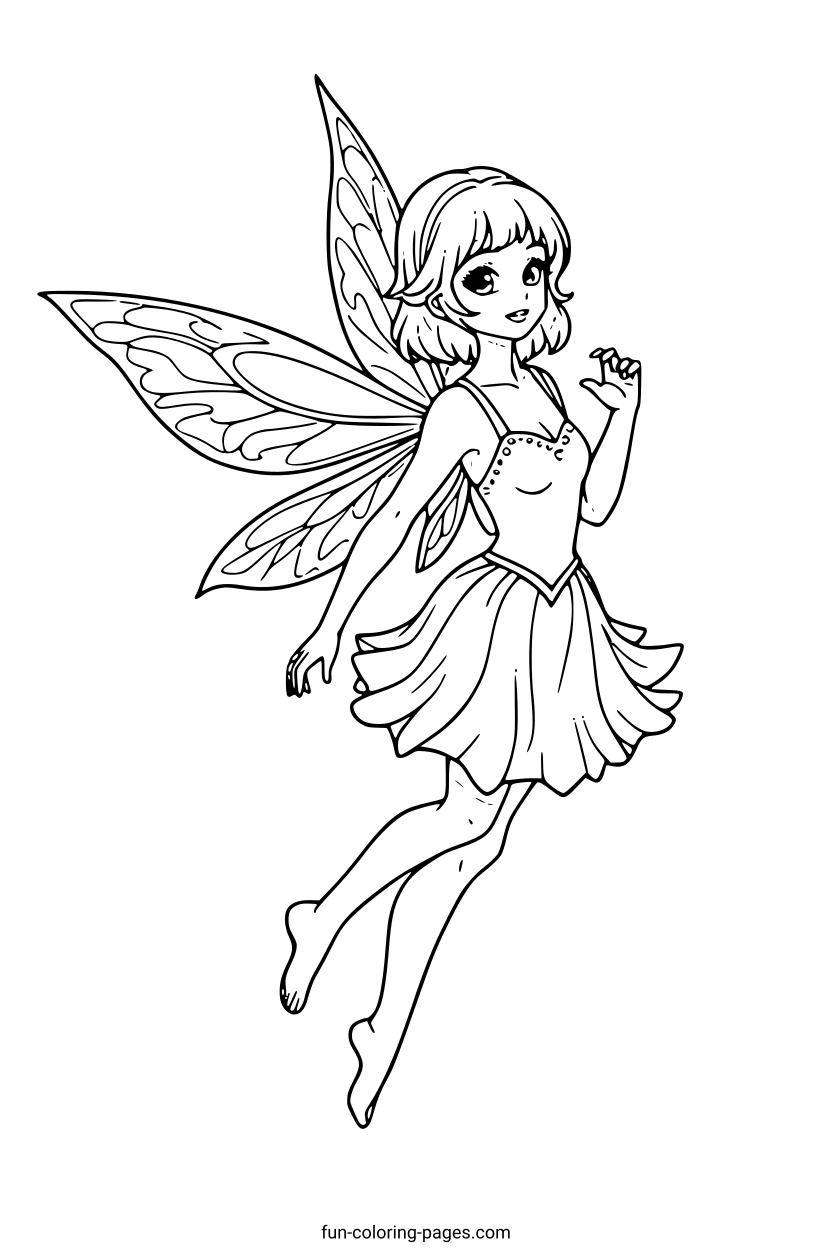 Smiling Fairy with Wings – free printable coloring page, available as PDF and SVG