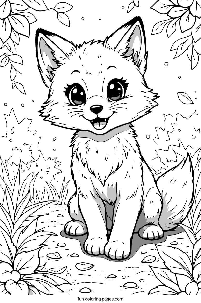 Smiling Fox in Nature – free printable coloring page, available as PDF and SVG