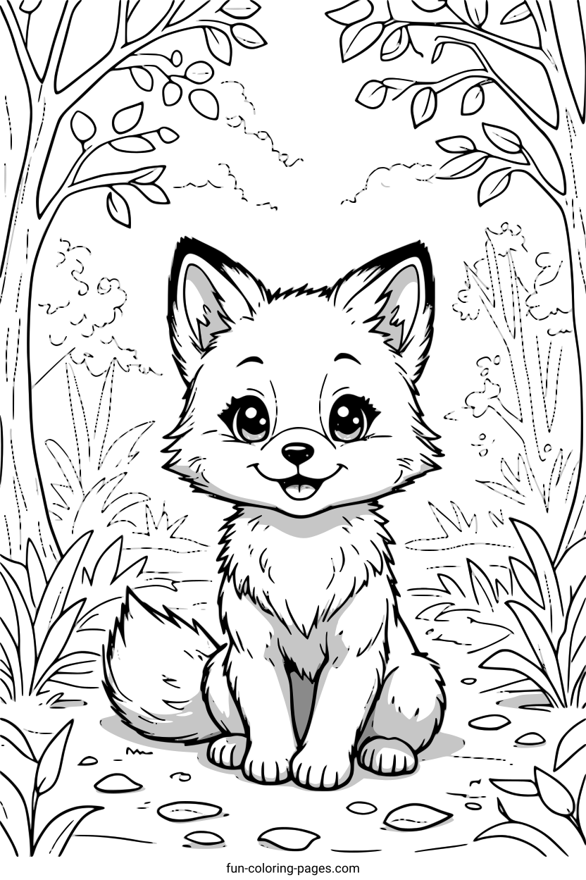 Smiling Fox in the Forest – free printable coloring page, available as PDF and SVG