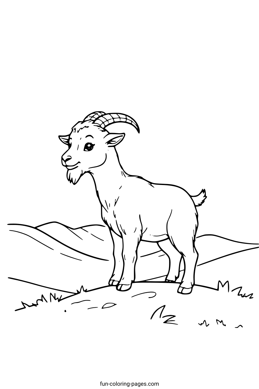 Smiling Goat on a Hill – free printable coloring page, available as PDF and SVG