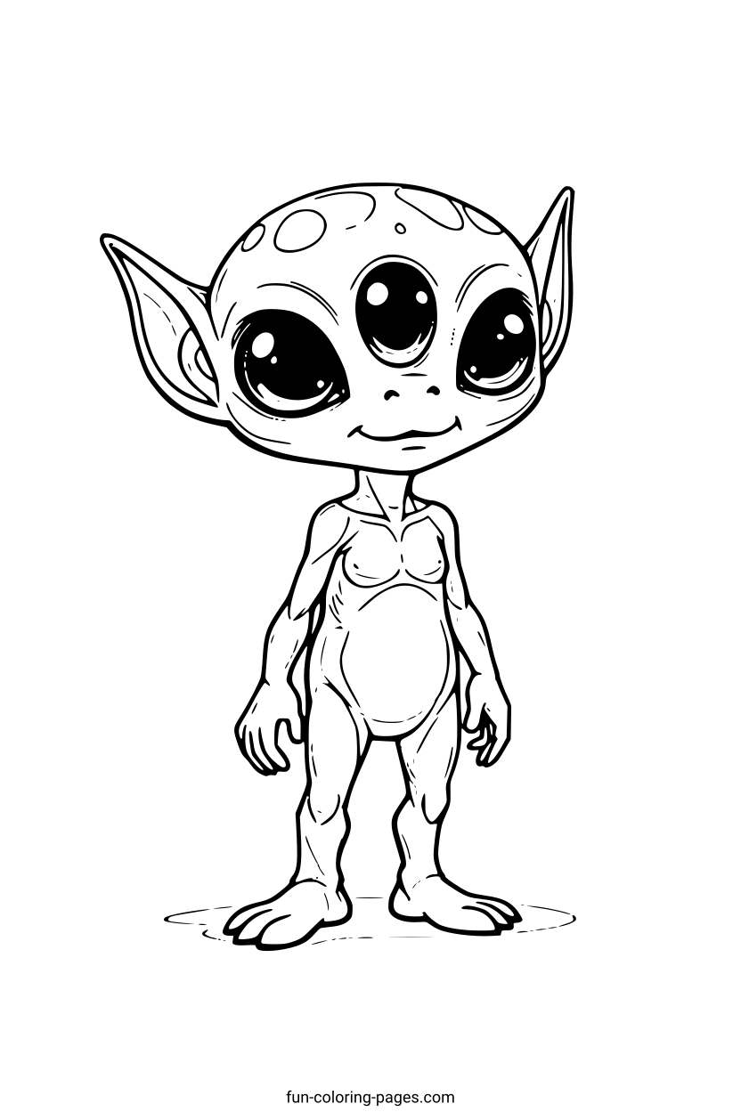 Smiling Three Eyed Alien – free printable coloring page, available as PDF and SVG