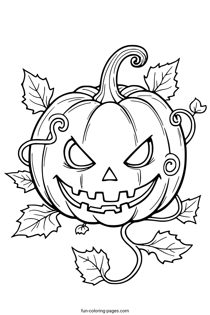 Smiling Jack O Lantern with Vine – free printable coloring page, available as PDF and SVG