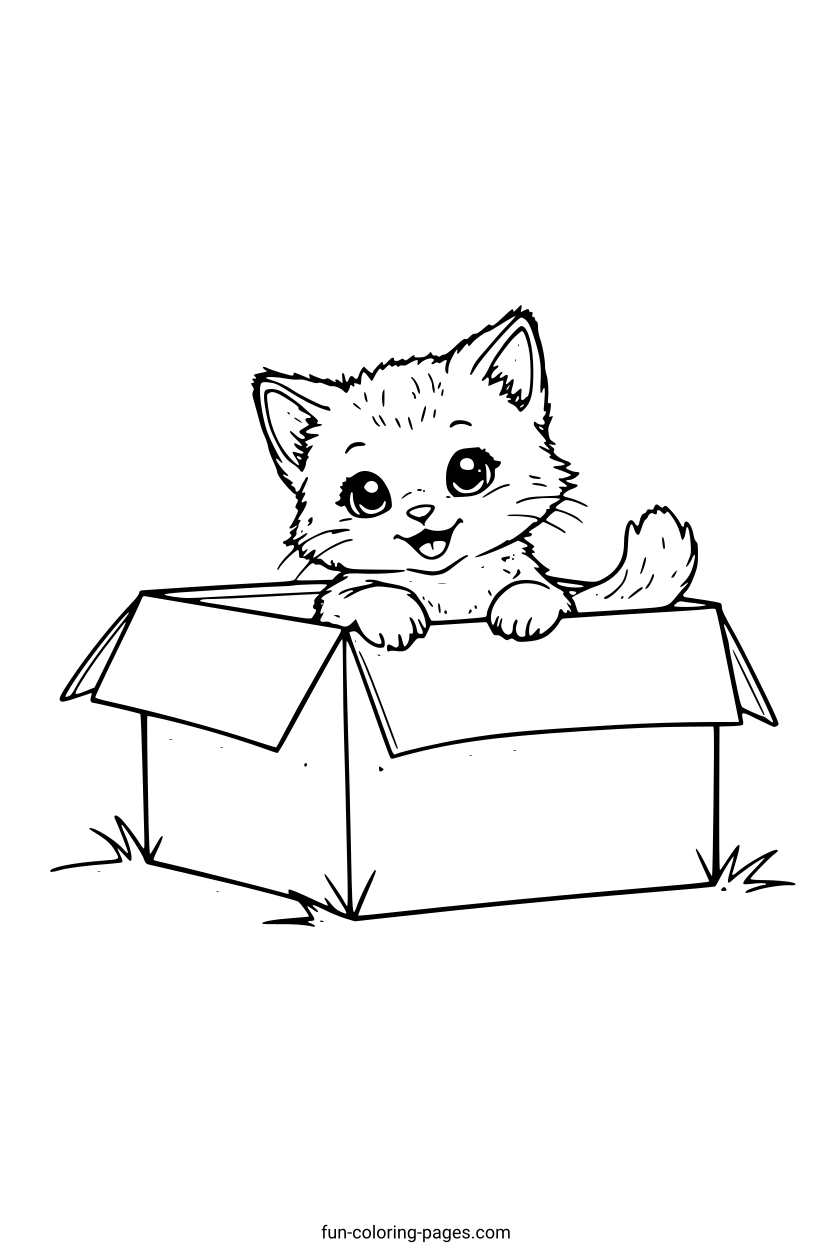 Smiling Kitten in a Box – free printable coloring page, available as PDF and SVG
