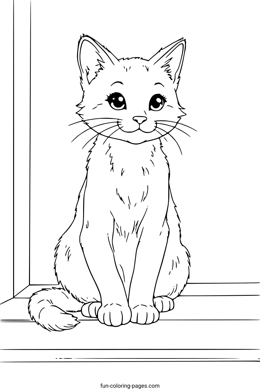 Smiling Kitten Sitting – free printable coloring page, available as PDF and SVG