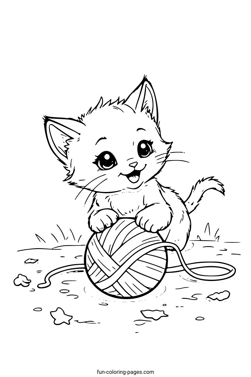Smiling Kitten with Ball – free printable coloring page, available as PDF and SVG