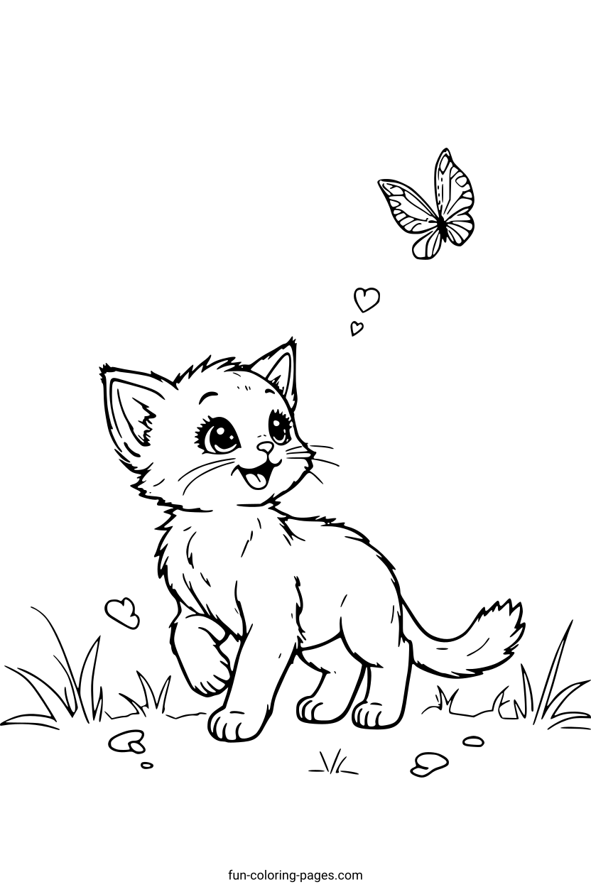 Smiling Kitten with Butterfly – free printable coloring page, available as PDF and SVG