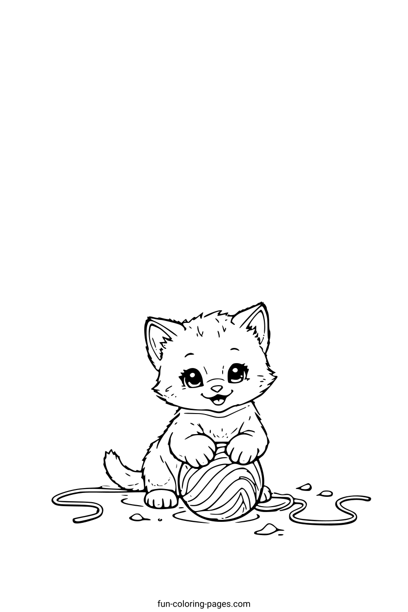 Smiling Kitten with Yarn Ball – free printable coloring page, available as PDF and SVG