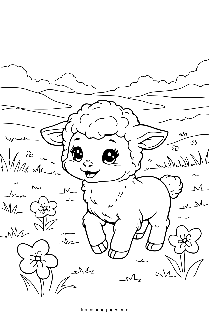 Smiling Lamb in Meadow – free printable coloring page, available as PDF and SVG