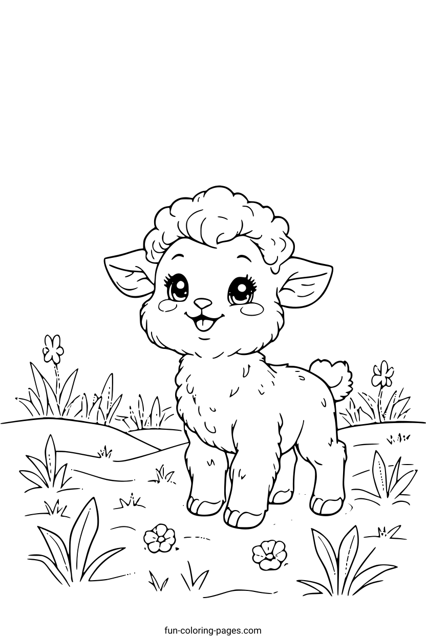 Smiling Lamb in Meadow – free printable coloring page, available as PDF and SVG