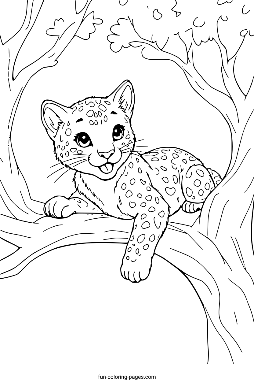Smiling Leopard Cub in the Forest – free printable coloring page, available as PDF and SVG