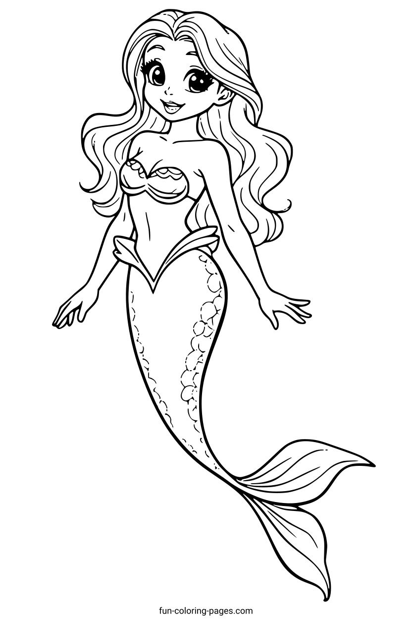Smiling Mermaid Princess – free printable coloring page, available as PDF and SVG