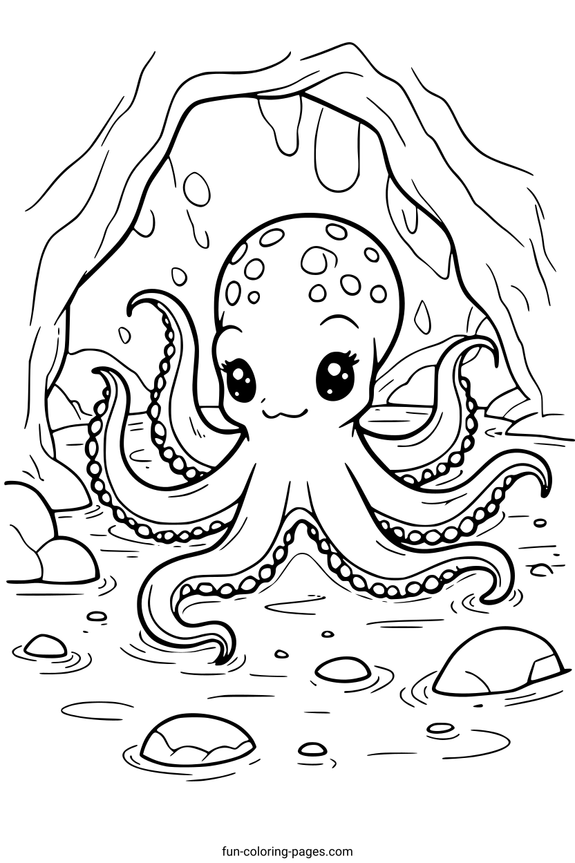 Smiling Octopus in Cave – free printable coloring page, available as PDF and SVG