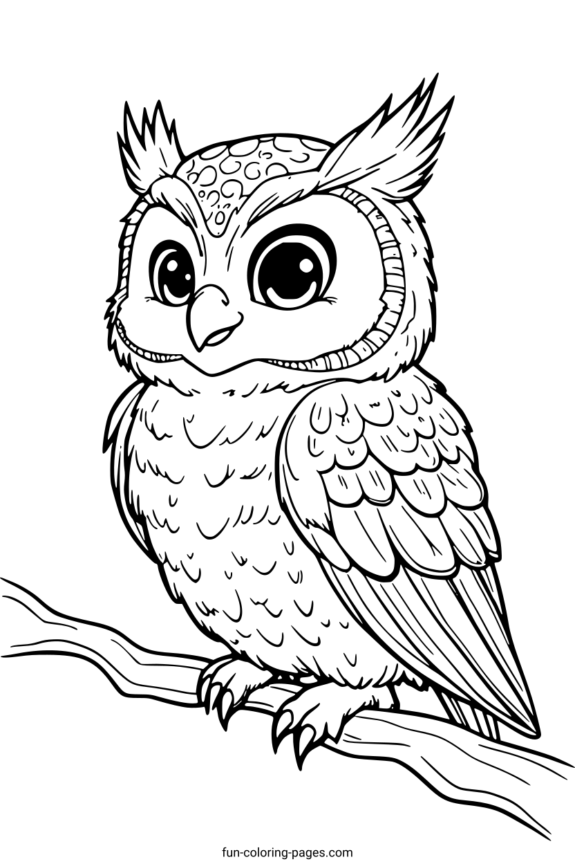 Smiling Owl on Branch – free printable coloring page, available as PDF and SVG