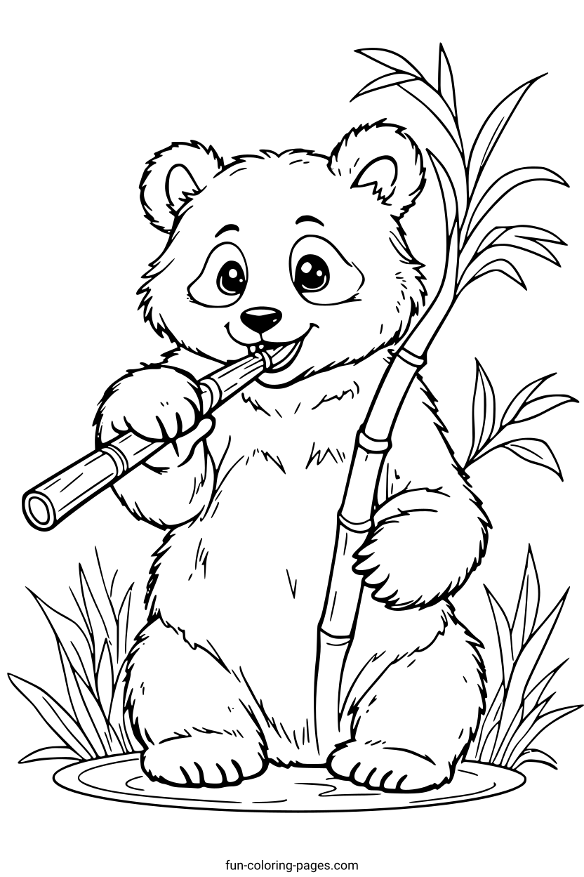 Smiling Panda with Bamboo – free printable coloring page, available as PDF and SVG