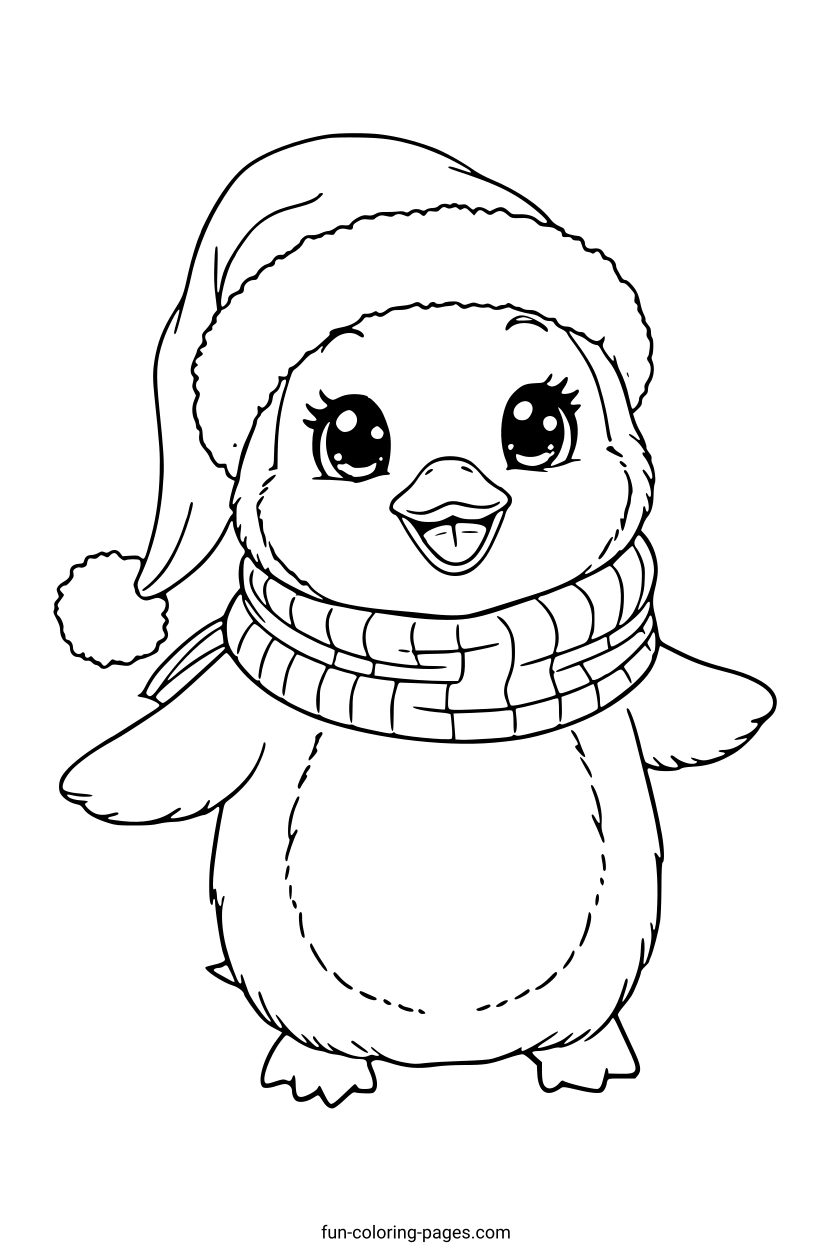 Smiling Penguin in Christmas Hat – free printable coloring page, available as PDF and SVG