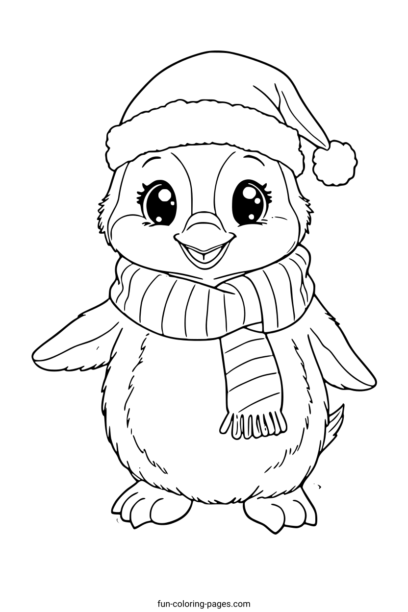 Smiling Penguin in Christmas Hat – free printable coloring page, available as PDF and SVG