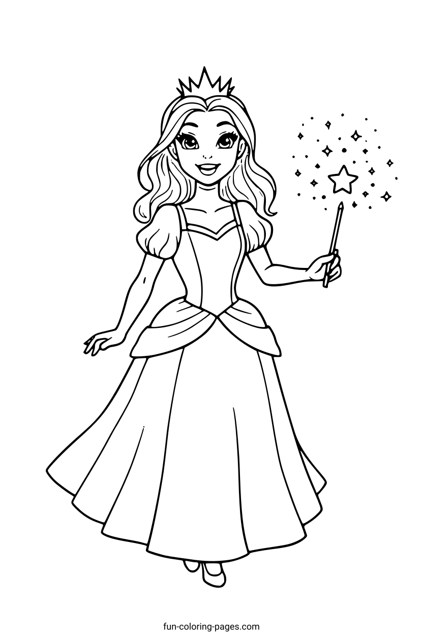 Smiling Princess with Wand – free printable coloring page, available as PDF and SVG