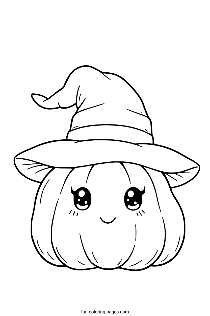 Smiling Pumpkin Wearing a Witch Hat – free printable coloring page, available as PDF and SVG