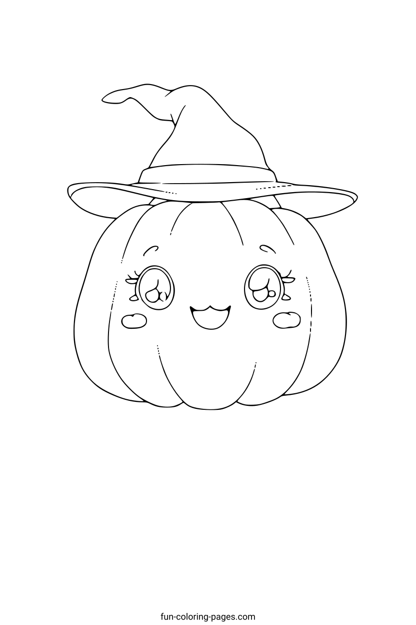 Smiling Pumpkin Wearing a Witch Hat – free printable coloring page, available as PDF and SVG
