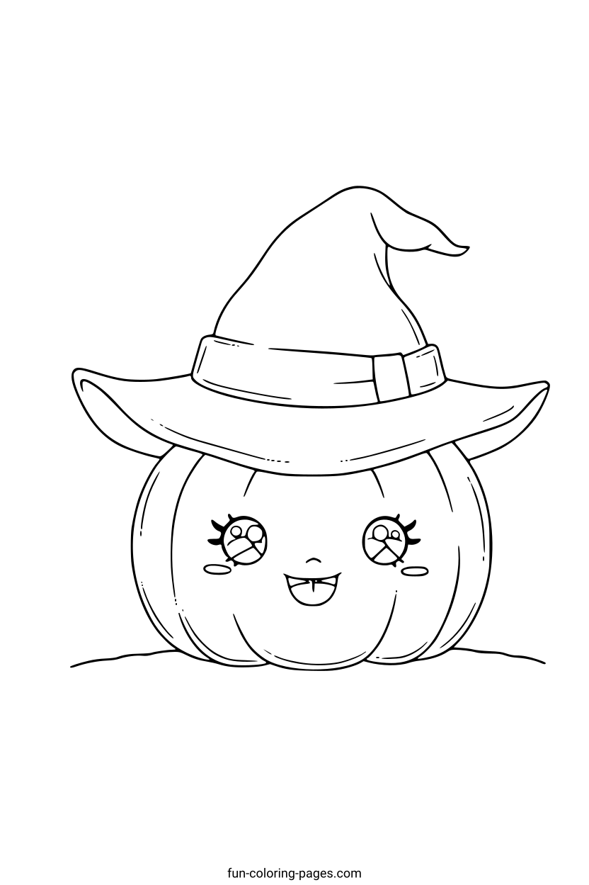 Smiling Pumpkin Wearing a Witch Hat – free printable coloring page, available as PDF and SVG