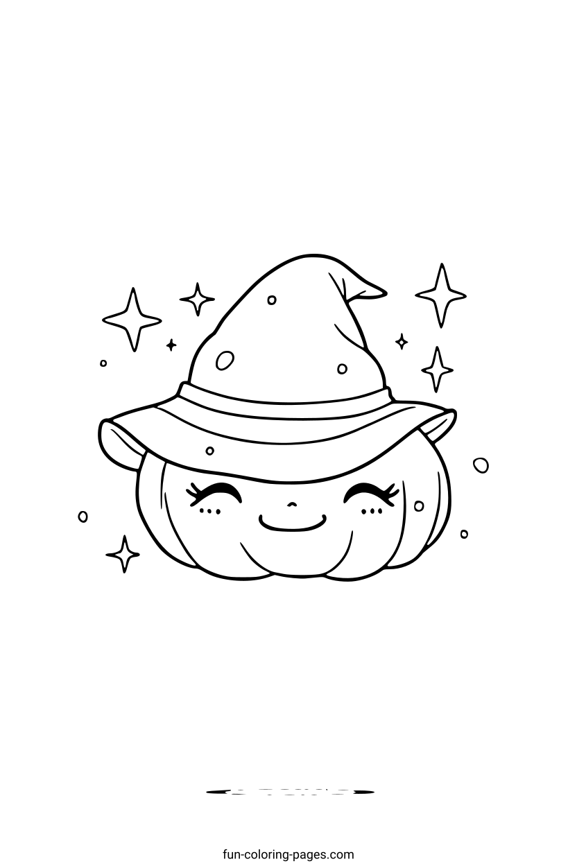 Smiling Pumpkin Wearing a Witch Hat – free printable coloring page, available as PDF and SVG