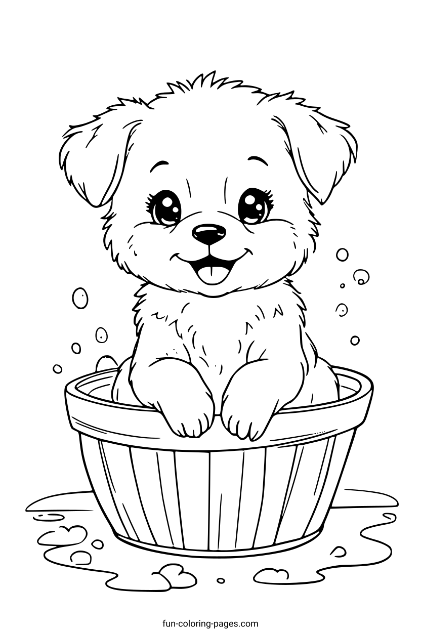 Smiling Puppy in Bathtub – free printable coloring page, available as PDF and SVG