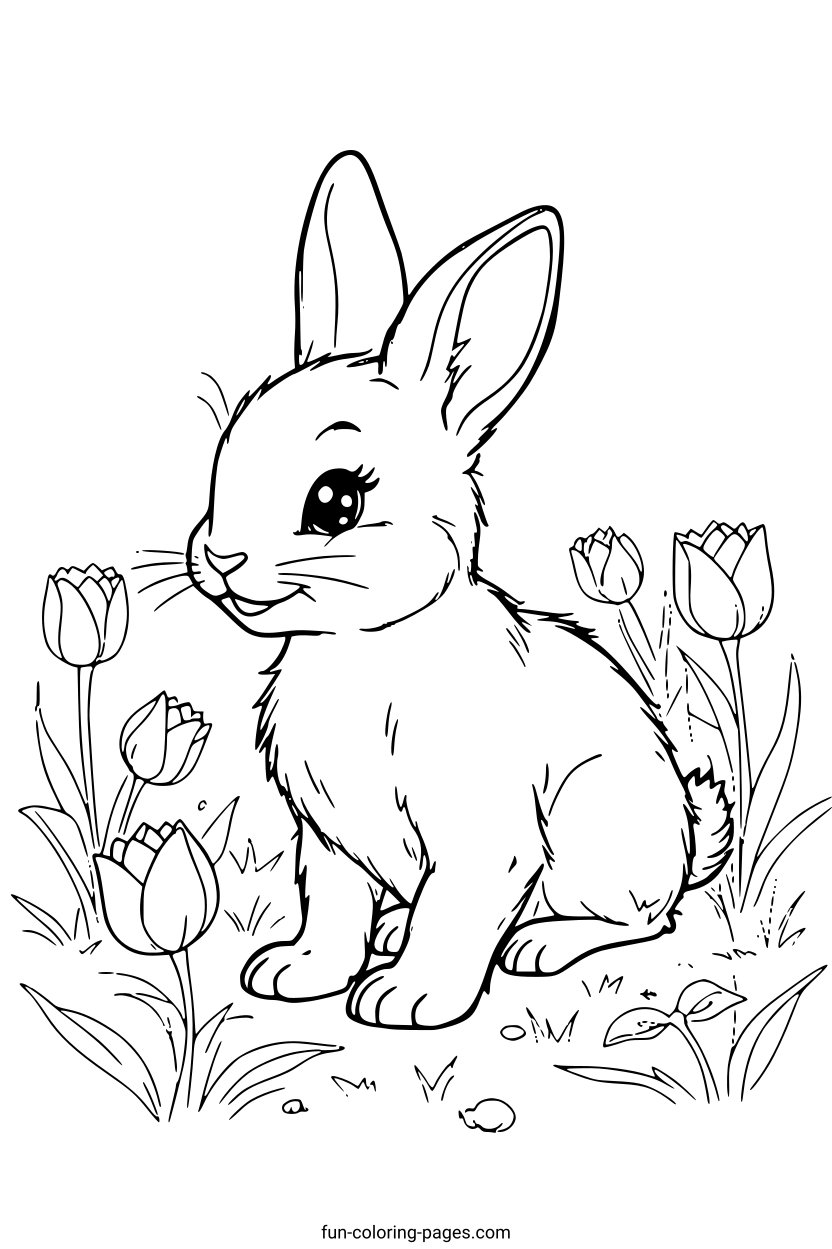 Smiling Rabbit with Tulips – free printable coloring page, available as PDF and SVG