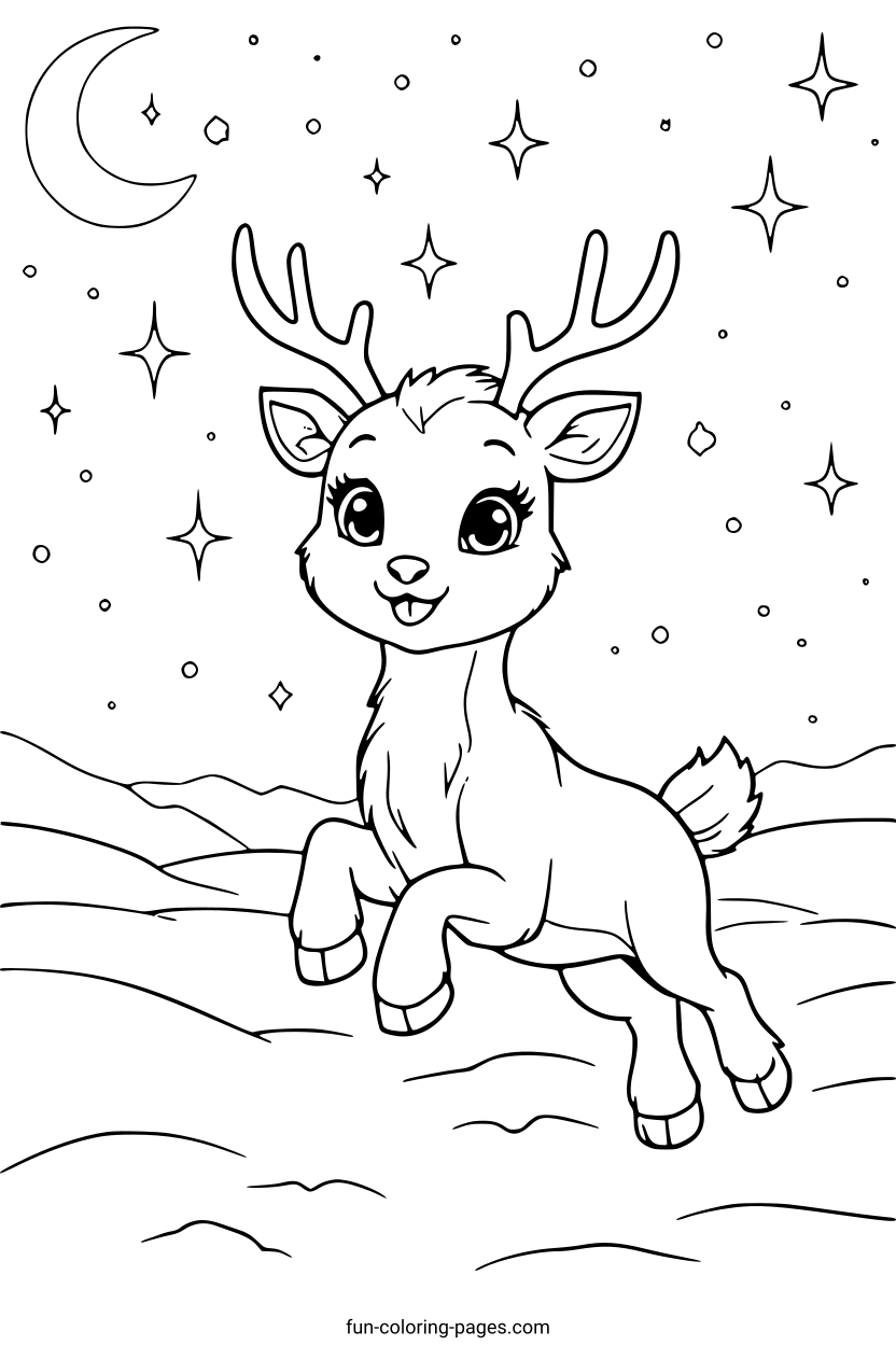 Smiling Reindeer in Starry Night – free printable coloring page, available as PDF and SVG