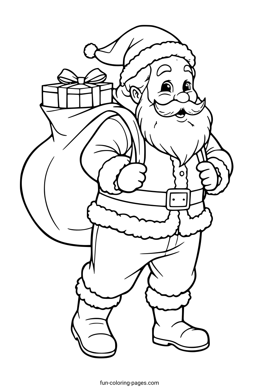 Smiling Santa Claus with Gift Bag – free printable coloring page, available as PDF and SVG