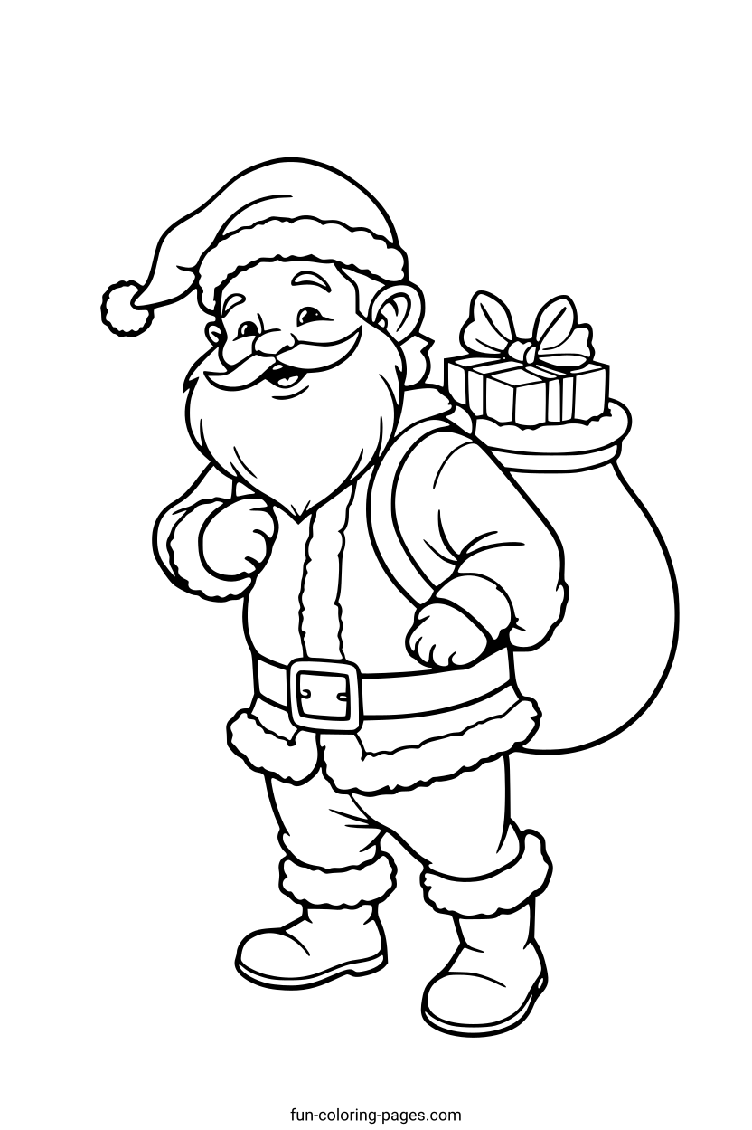 Smiling Santa Claus with Presents – free printable coloring page, available as PDF and SVG