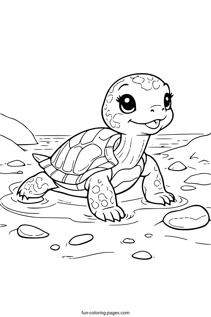 Smiling Sea Turtle on the Beach – free printable coloring page, available as PDF and SVG