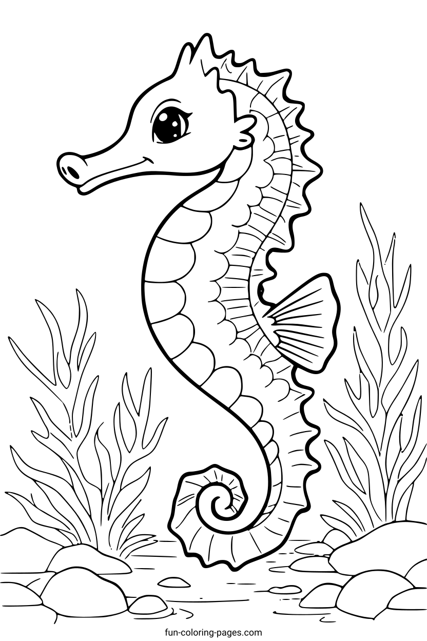 Seahorse in Seaweed – free printable coloring page, available as PDF and SVG