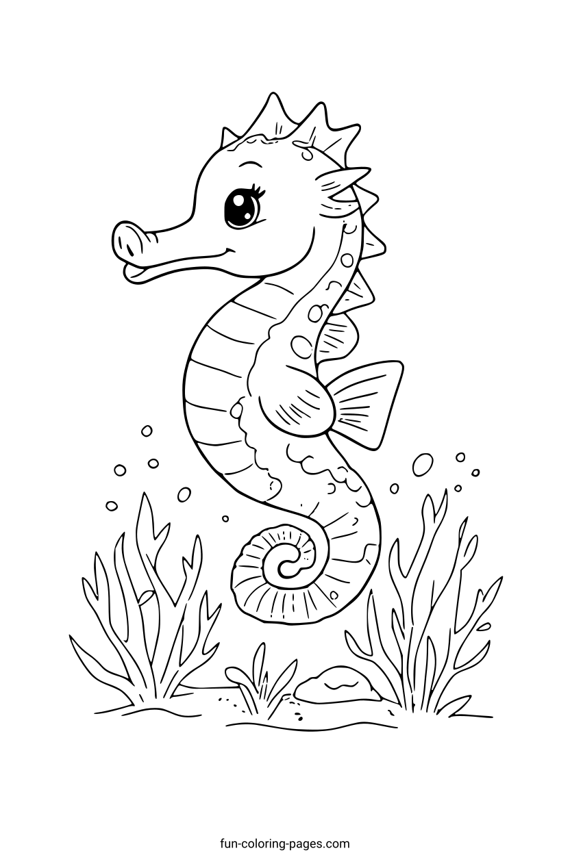 Smiling Seahorse in the Ocean – free printable coloring page, available as PDF and SVG