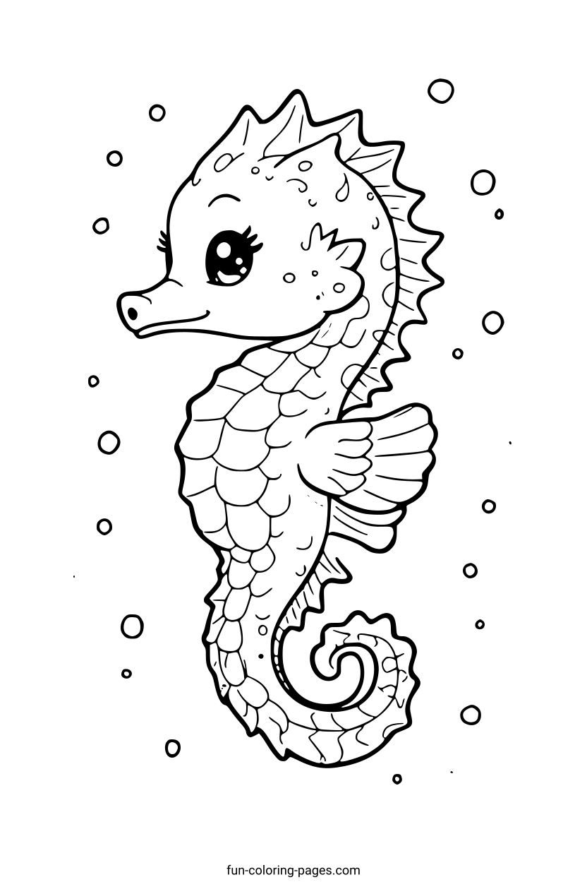 Smiling Seahorse Underwater – free printable coloring page, available as PDF and SVG