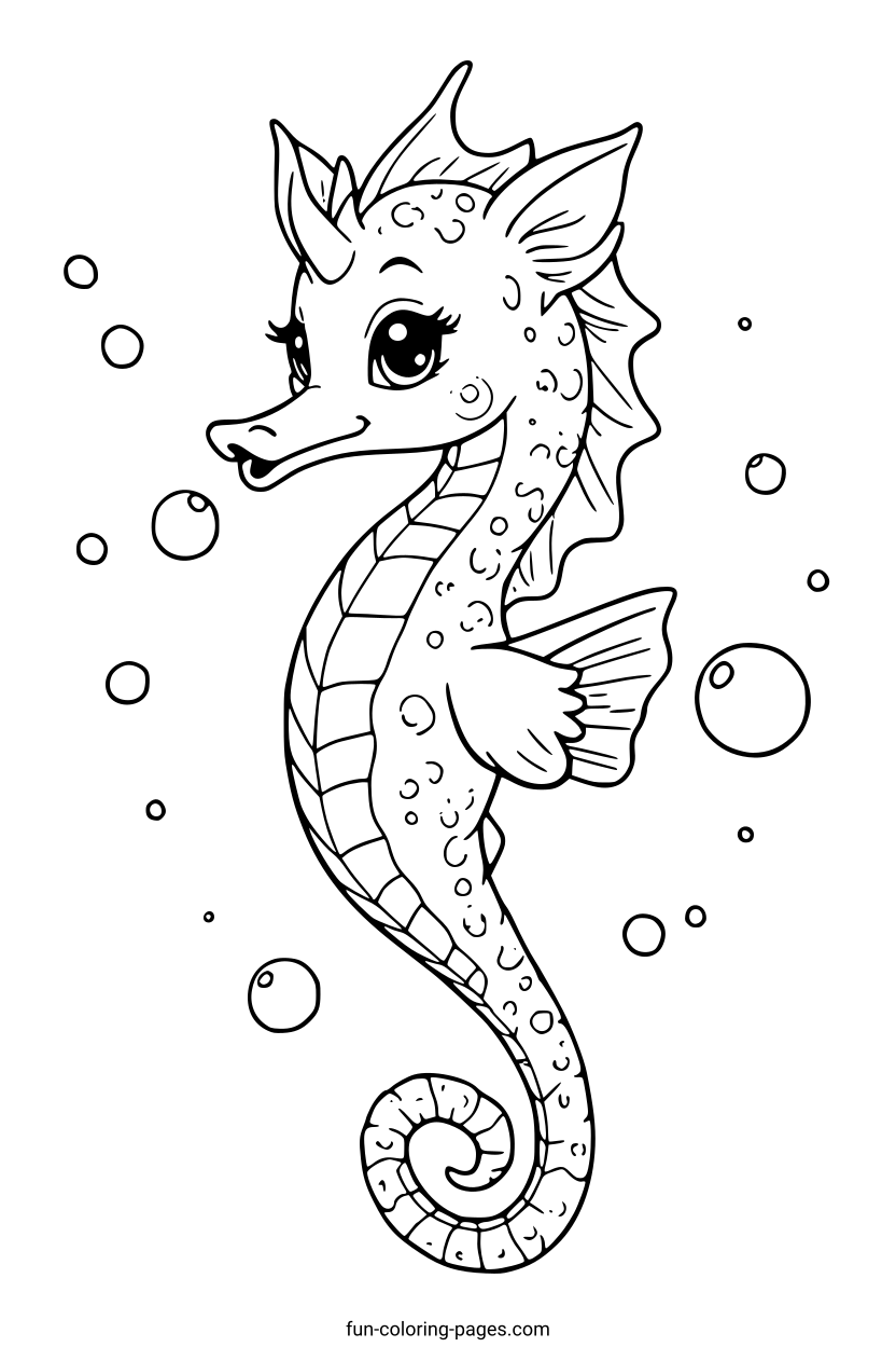 Smiling Seahorse with Bubbles – free printable coloring page, available as PDF and SVG
