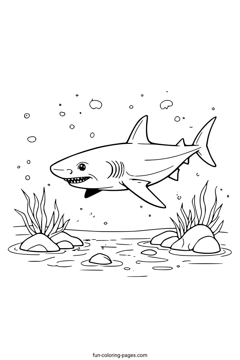 Smiling Shark in Ocean – free printable coloring page, available as PDF and SVG