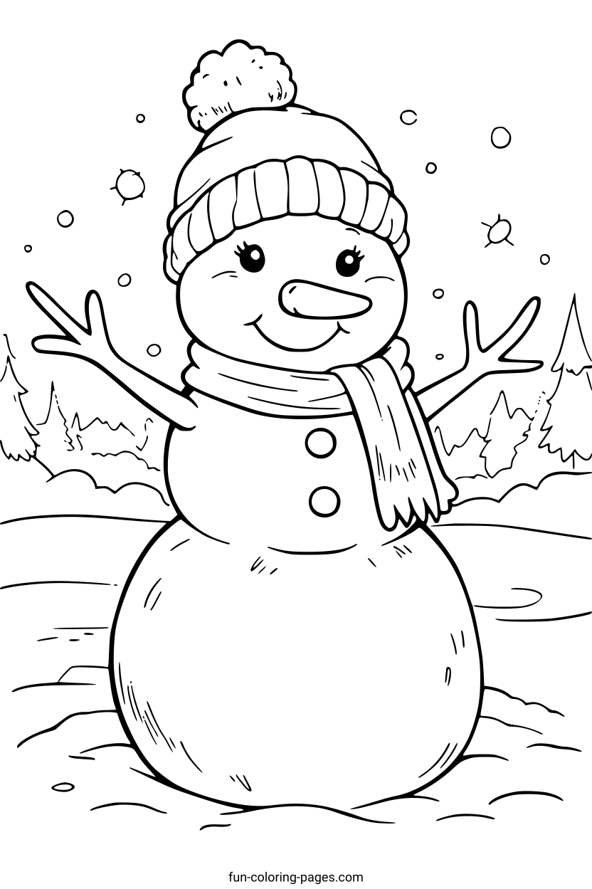 Smiling Snowman in Snowy Forest – free printable coloring page, available as PDF and SVG