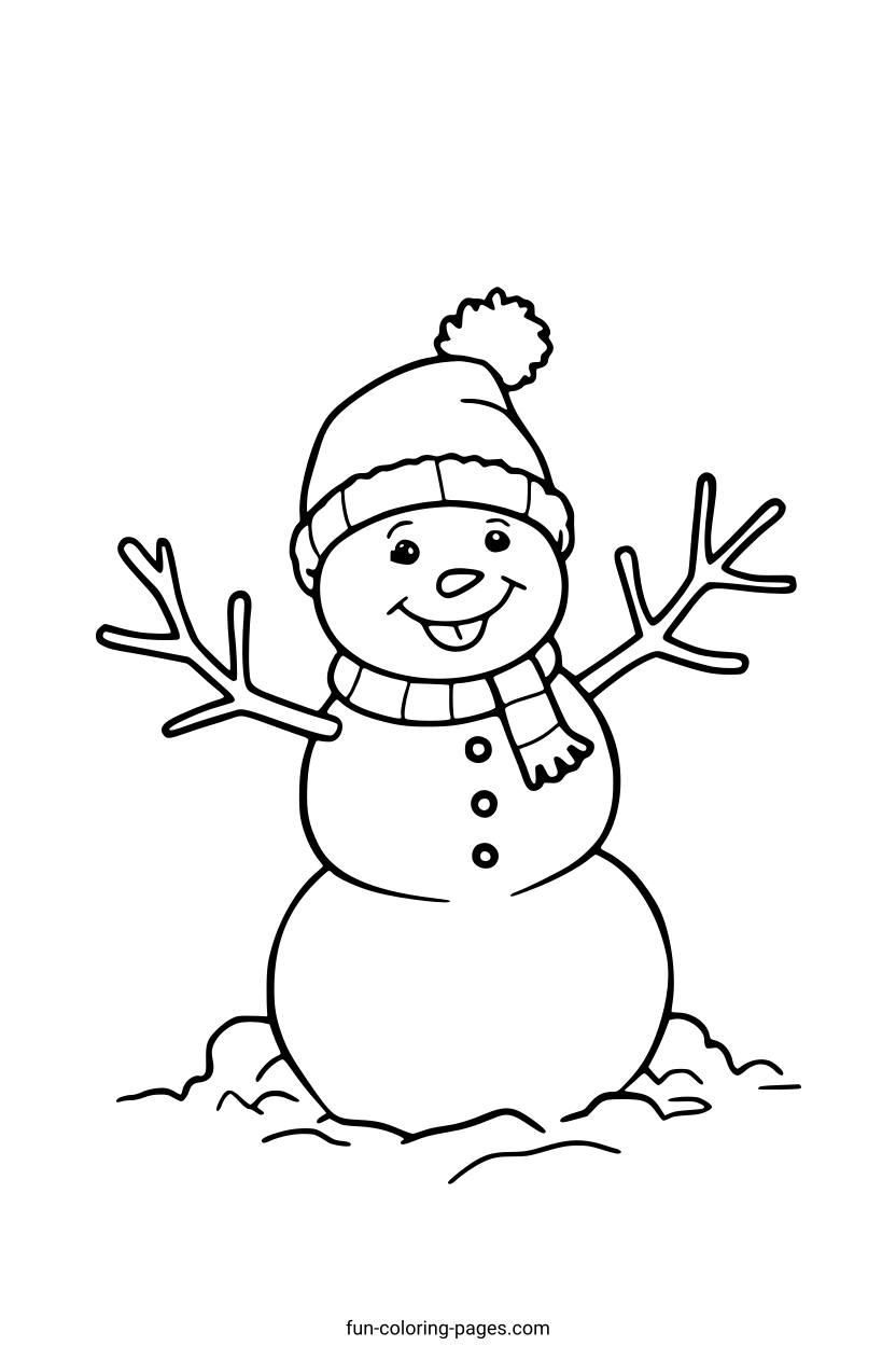 Smiling Snowman with Hat and Scarf – free printable coloring page, available as PDF and SVG