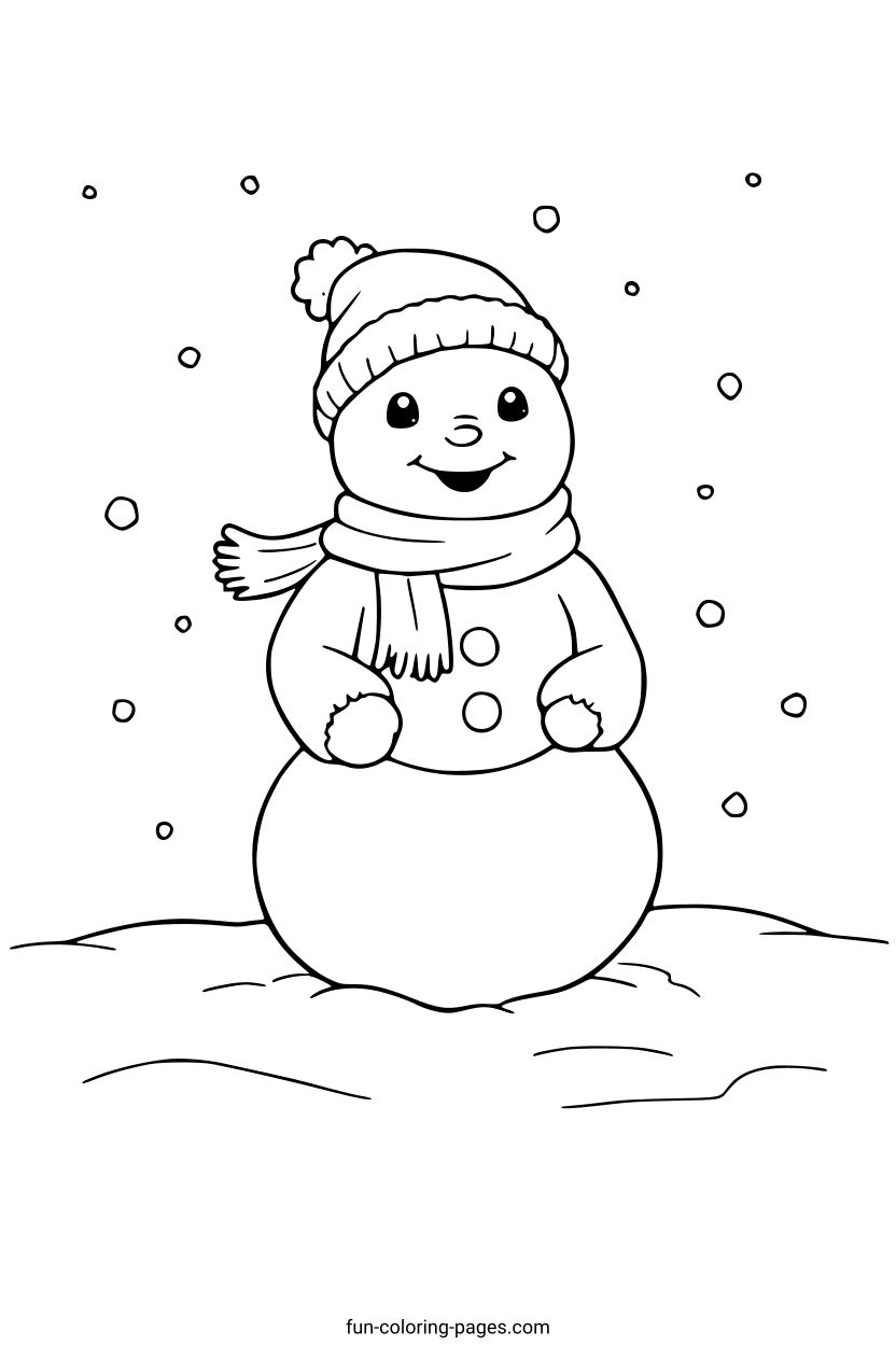 Smiling Snowman with Hat and Scarf – free printable coloring page, available as PDF and SVG