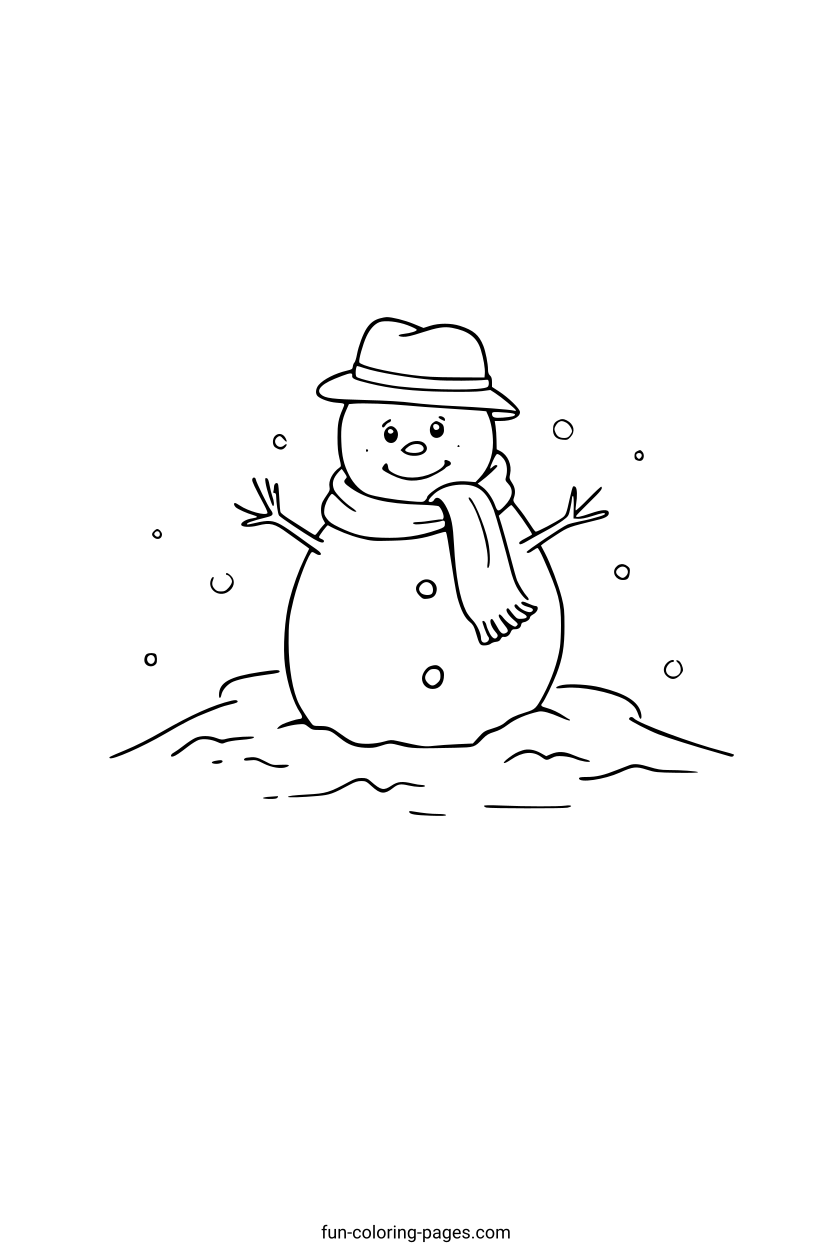 Smiling Snowman with Hat and Scarf – free printable coloring page, available as PDF and SVG