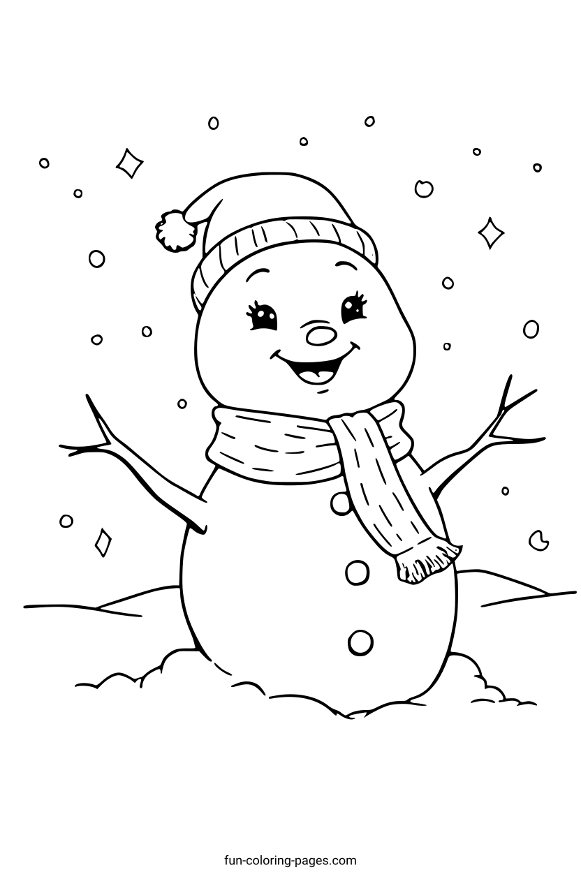 Smiling Snowman with Hat – free printable coloring page, available as PDF and SVG
