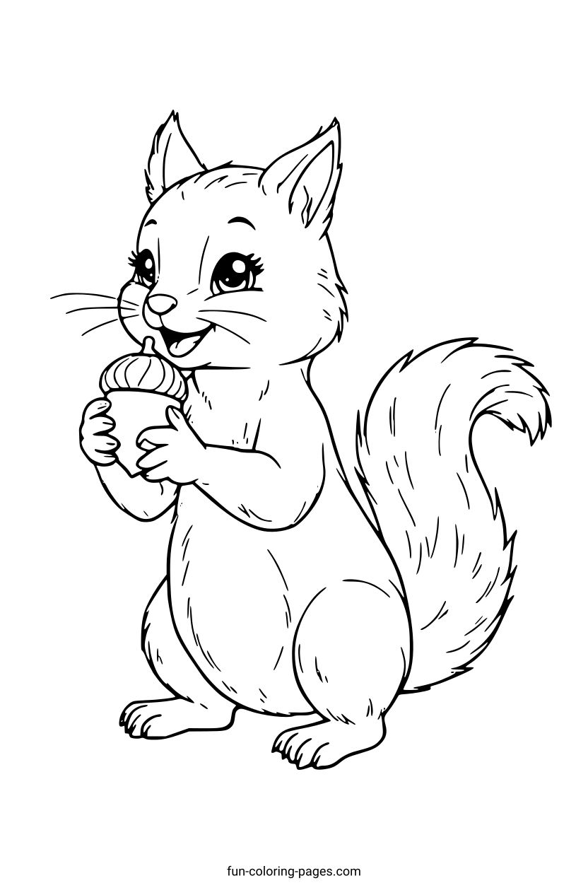 Smiling Squirrel Holding Nut – free printable coloring page, available as PDF and SVG