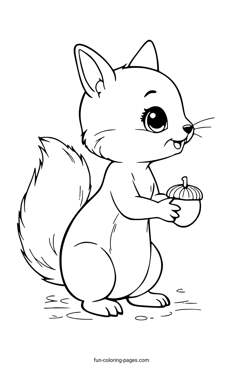 Smiling Squirrel with Acorn – free printable coloring page, available as PDF and SVG