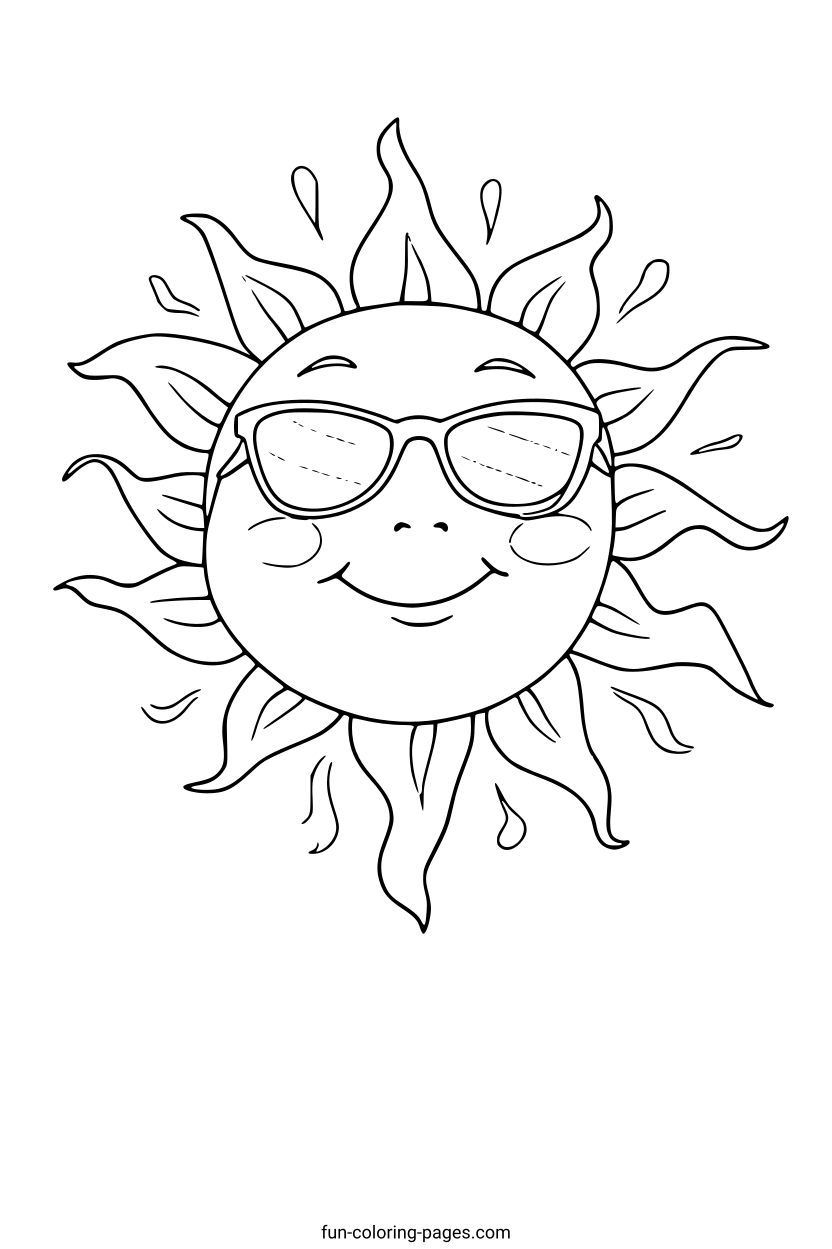 Smiling Sun With Sunglasses – free printable coloring page, available as PDF and SVG